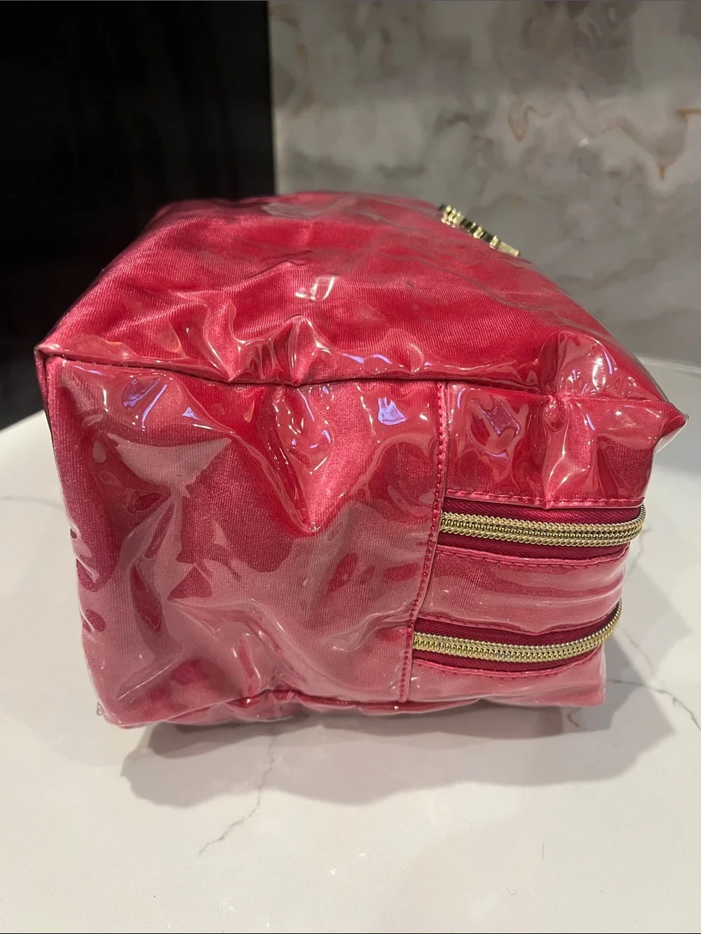 Betsey Johnson Pink Vinyl Double-Zip Cosmetic Case